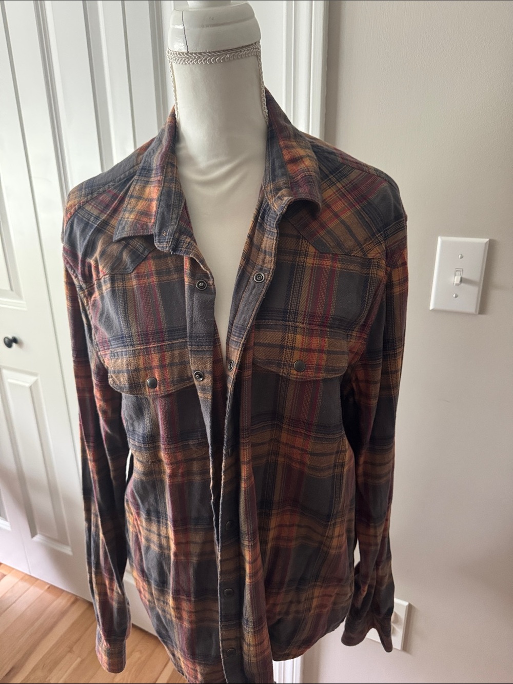 Muted Multicolor Plaid Button-Up Shirt - Gray, Orange, Brown